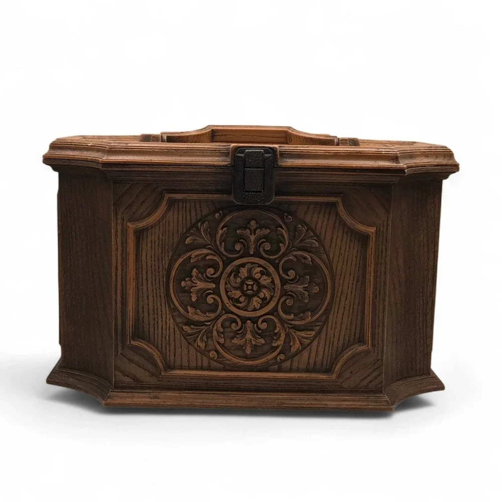 Vintage MCM Max Klein Ornate Faux Wood‎ Plastic Sewing Storage Chest Box 14.5
